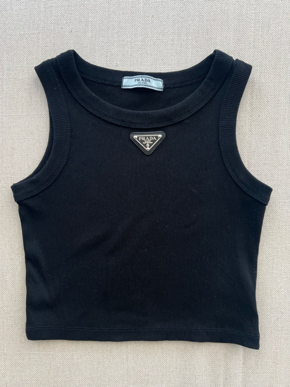 Black Ribbed Cotton Triangle Logo Cropped Tank Top - Picture 2 of 8